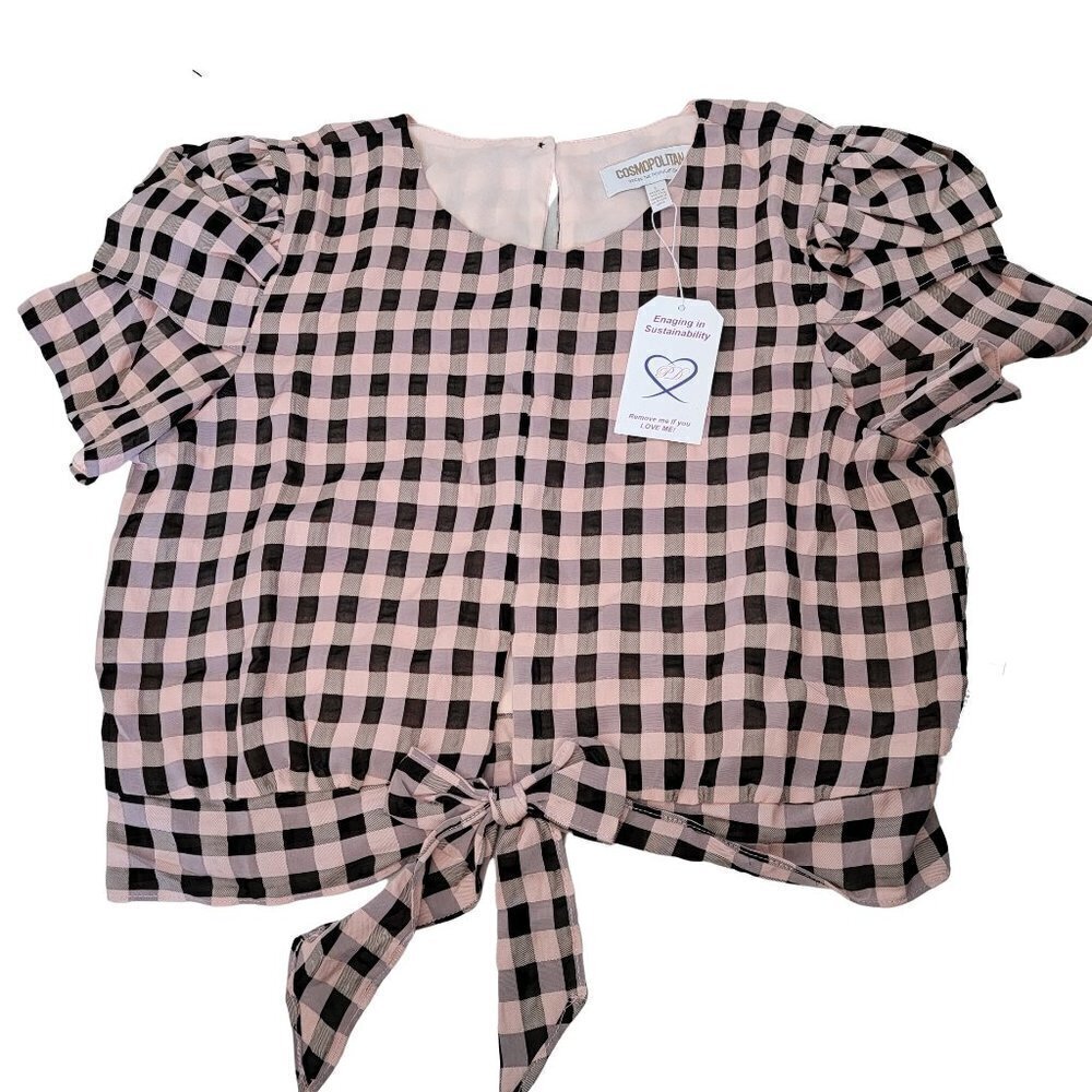 Cosmopolitan Dress the Population Black Pink Gingham Checkered Crop Top NWT